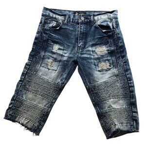 Road Narrows Womens Bermuda Jean Shorts 16 Blue Denim Distressed Raw Hem Pleated